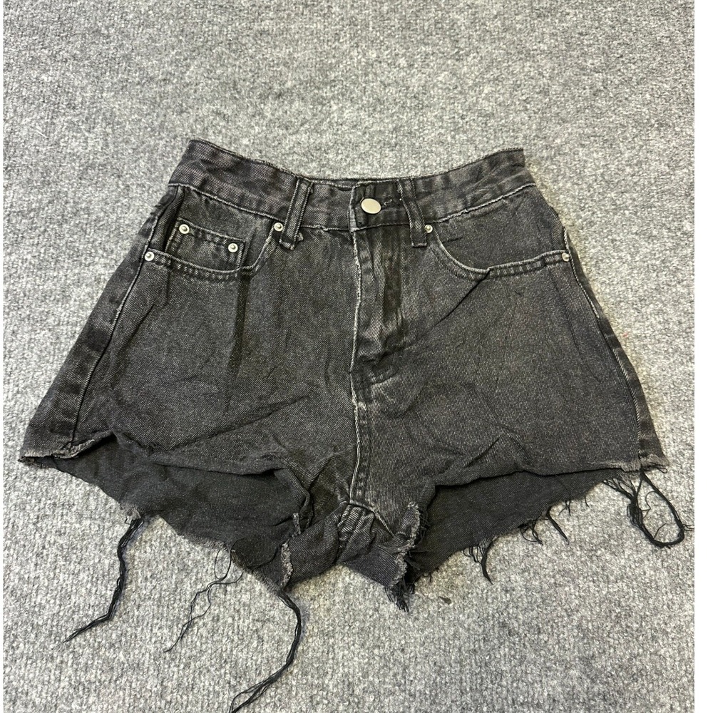 SHEIN Denim Shorts Womens Size XXS Black Viscose High Waisted Raw Hem Casual